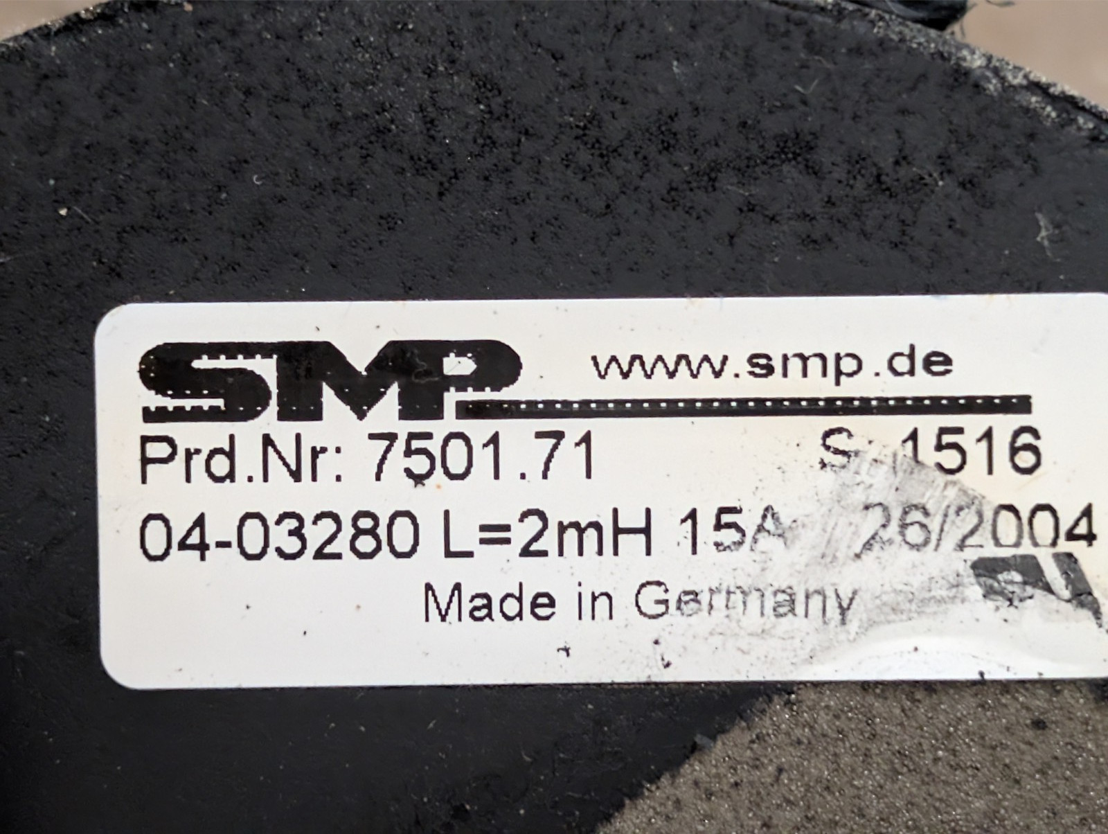 SMP  iron powder coil   L= 2.0 mH, I= 16A RMS