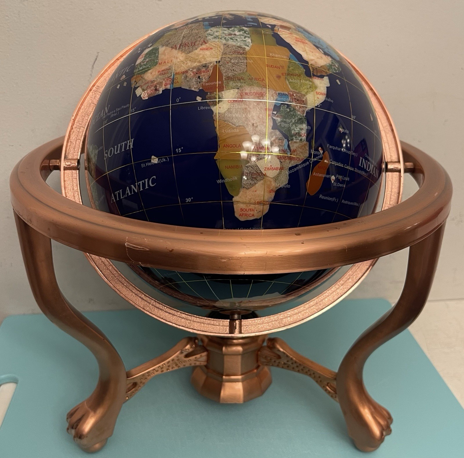 14”x12.5 Semiprecious Gemstone 8” Globe Table Top Stand W/Compass Rose Gold