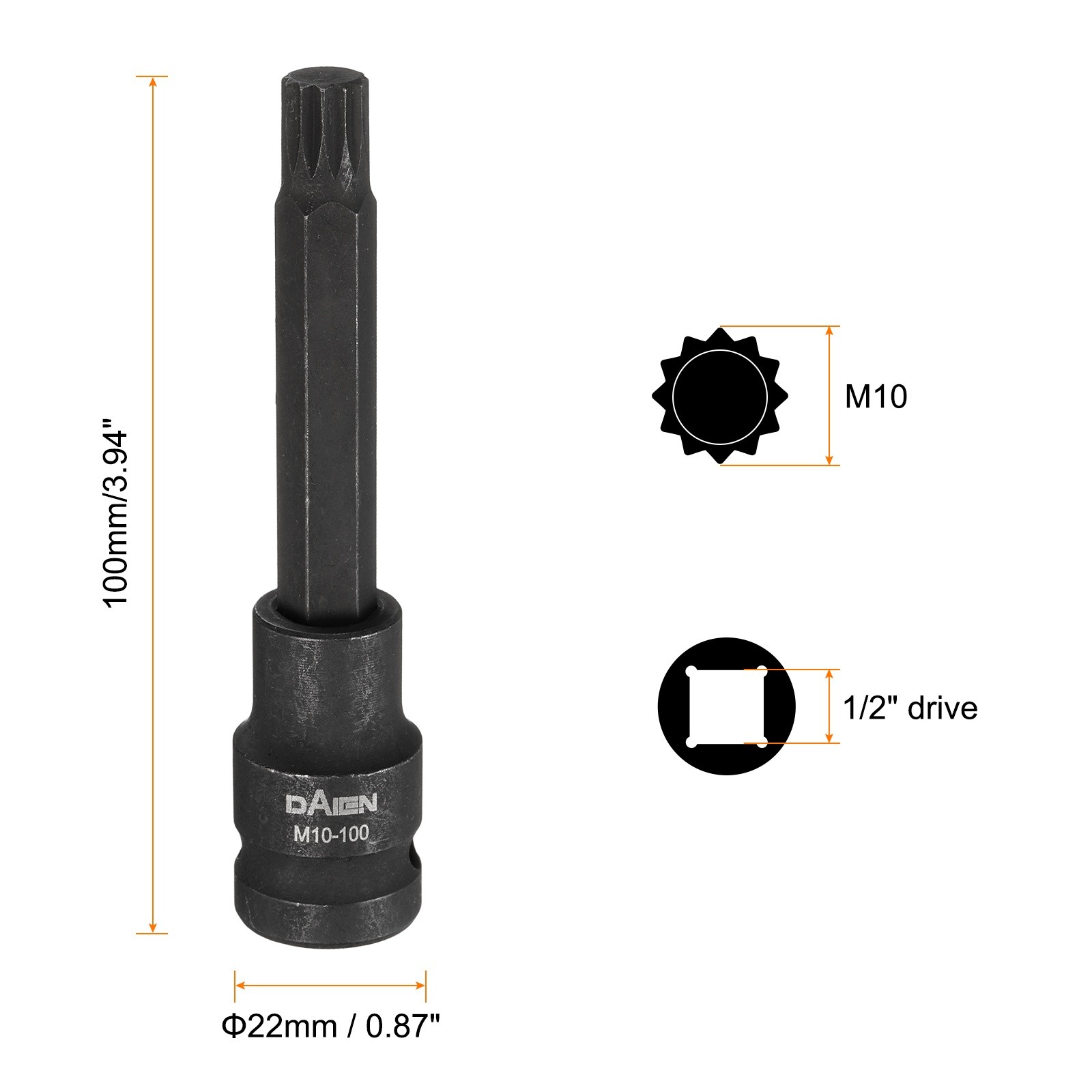 M10 12 Point Spline Bit Socket 100mm Length 1/2" Square Impact Bit, Black
