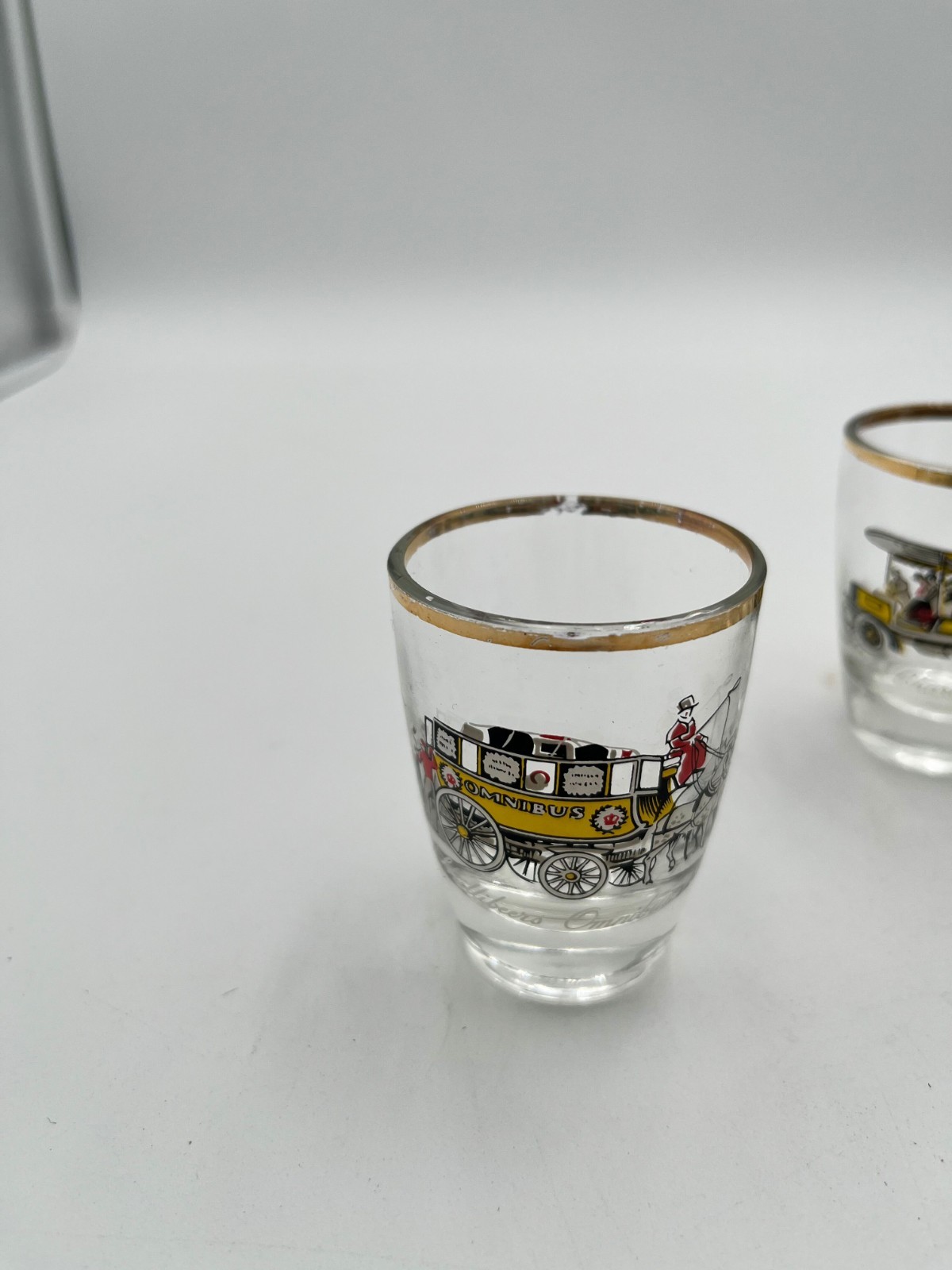 Vintage London Omnibus 1847 Shot Glasses Gold Rim Clear Souvenir Set Of 6