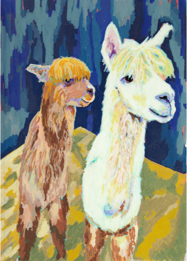 ACEO PRINT Alpaca Friends Two Alpacas Open Edition of Acrylic Paint Marker Art