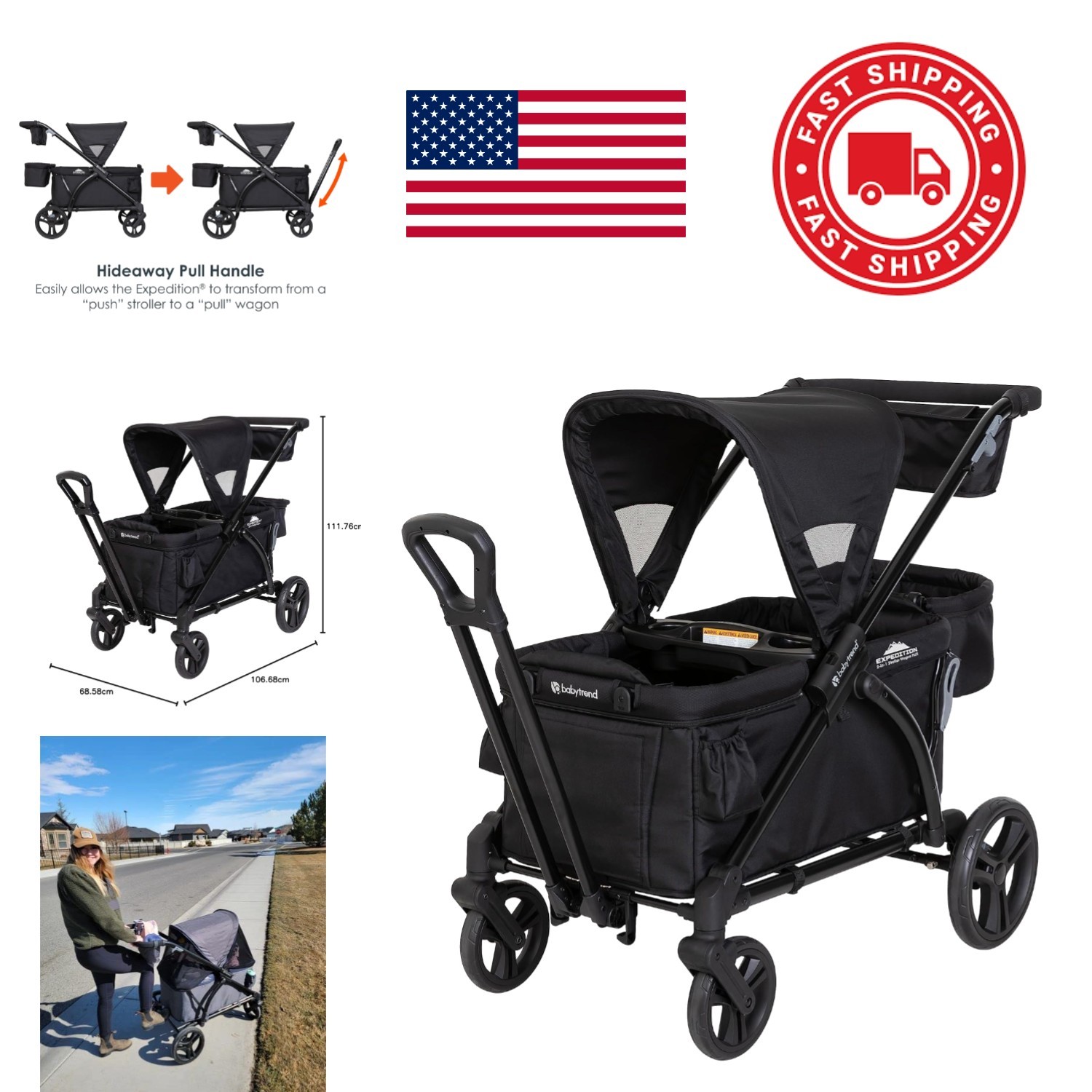 Expedition 2 in 1 Stroller Wagon Plus Ultra Black with Extra Large Cargo Space