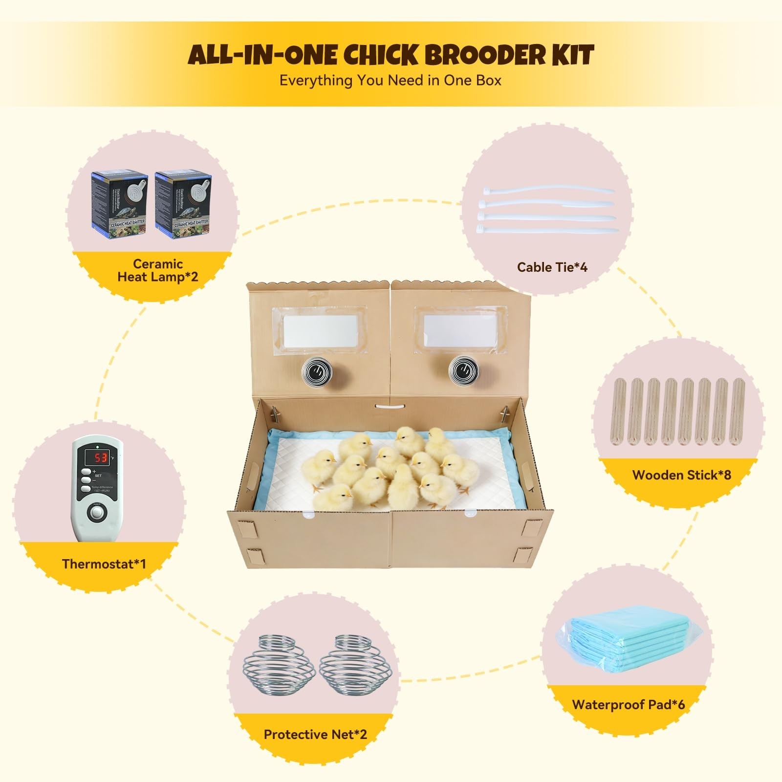 Extra Large 33" Chick Brooder Box for 40 Chicks, Dual 75W Heat Lamps, Adjustable