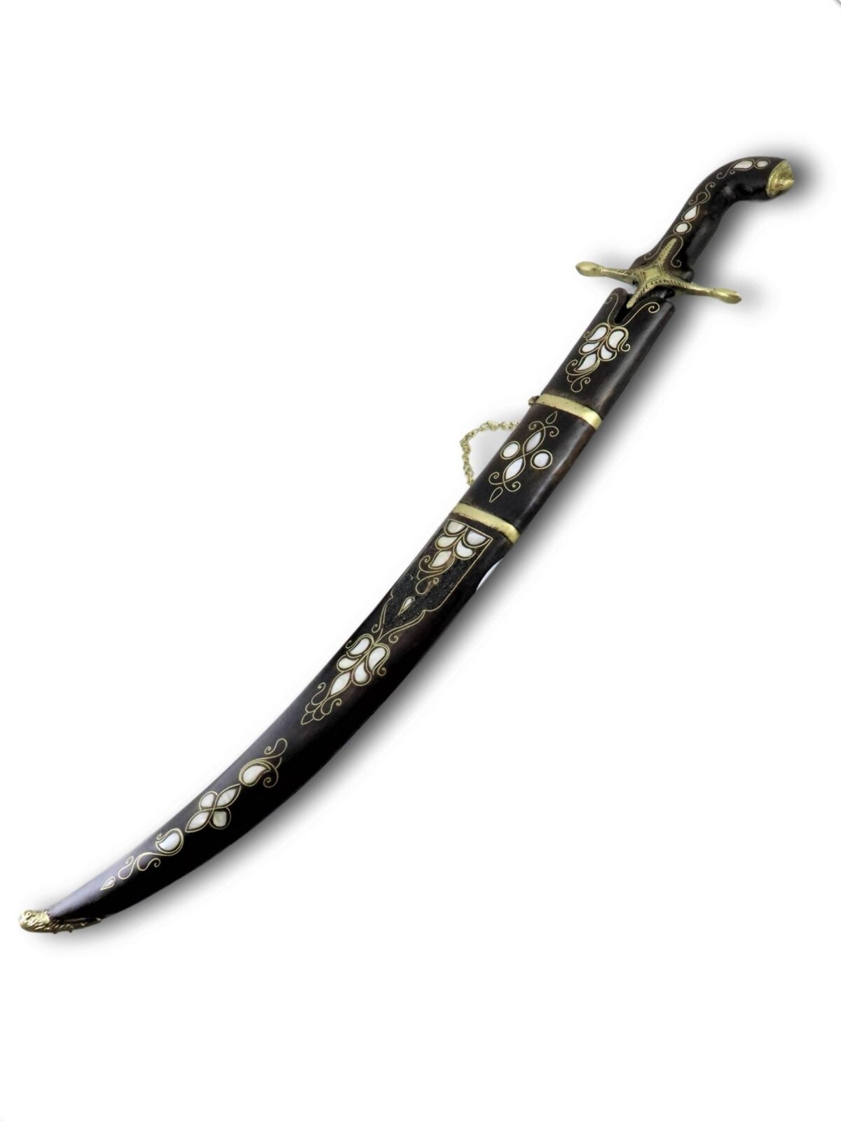 Handmade Curved  Mother-of-Pearl Inlaid Wooden Sword, Turkish Handmade Dagger