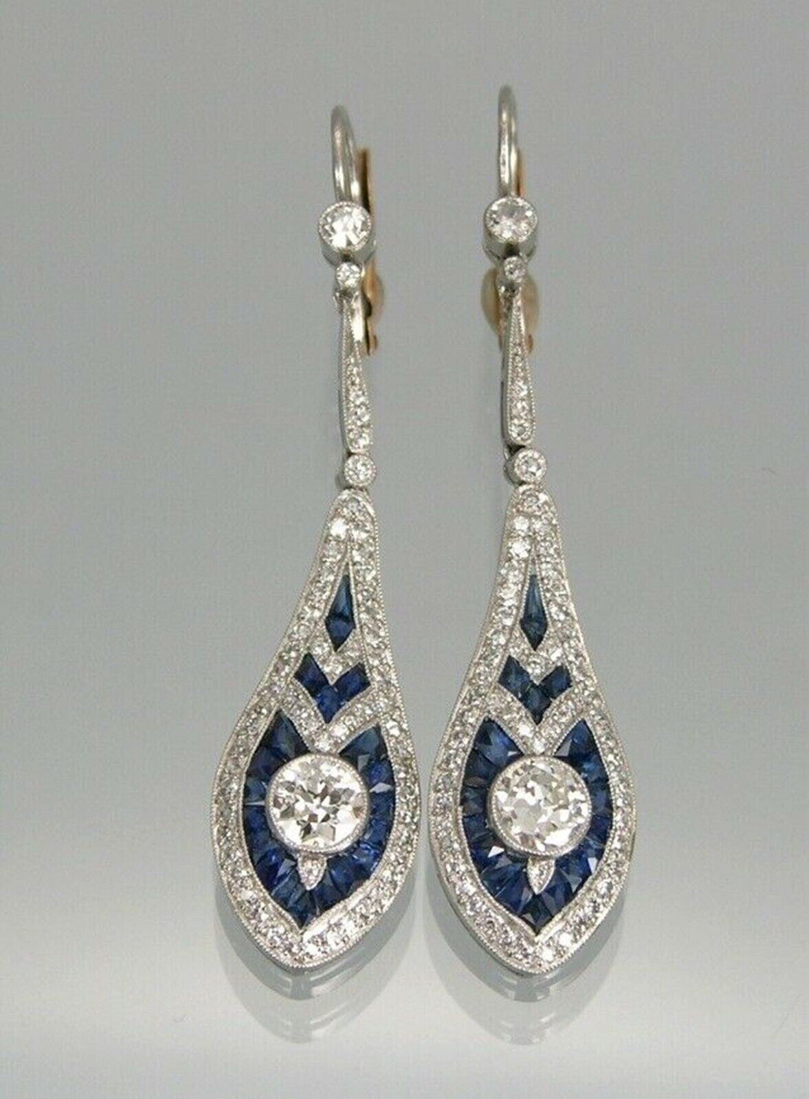 3.50Ct Vintage Art Deco Style Diamond Drop Dangle Engagement Silver Earrings Set