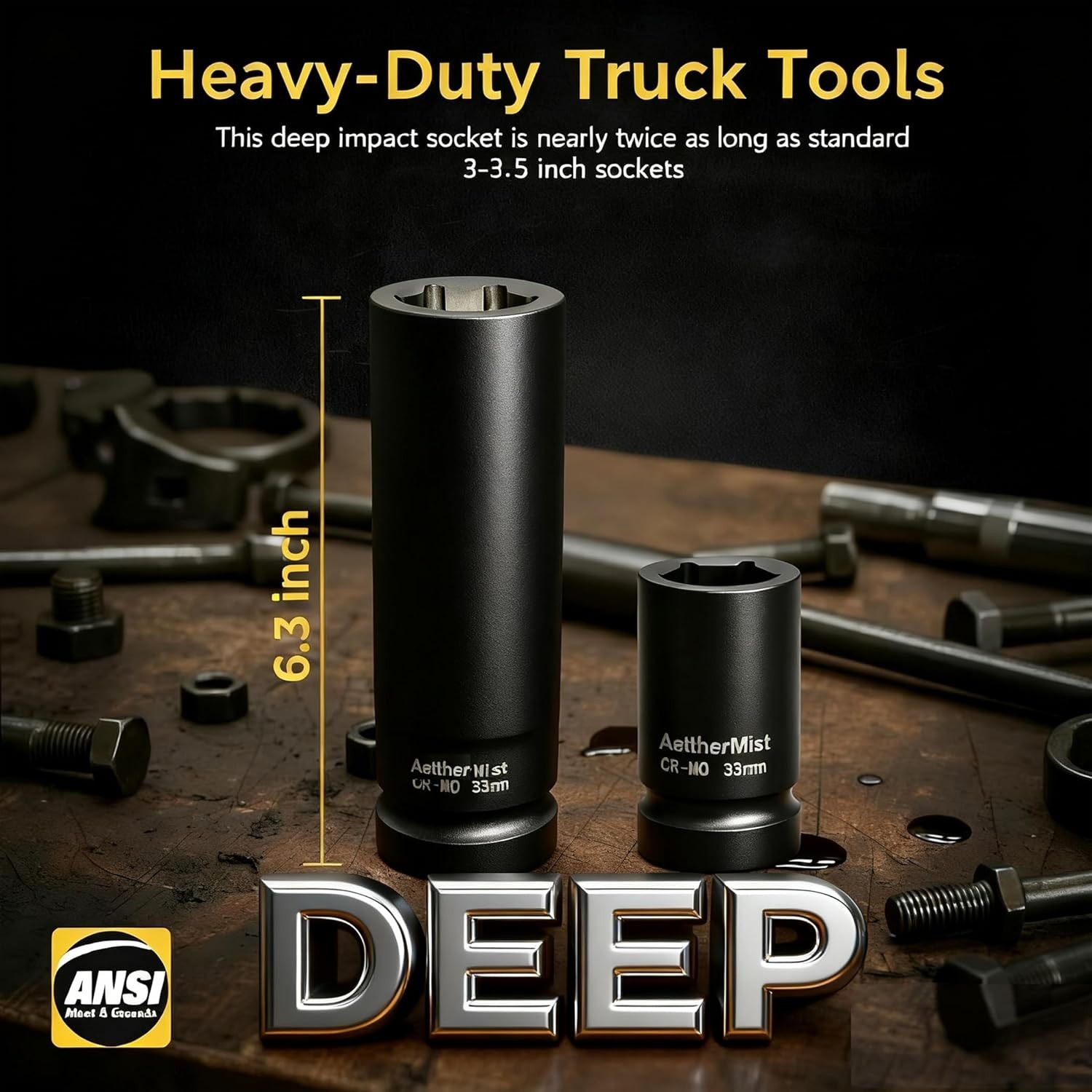 1 Inch Driver 33mm Extra Deep Impact Socket, 6.3 inch Length Deep Axle Nut So...