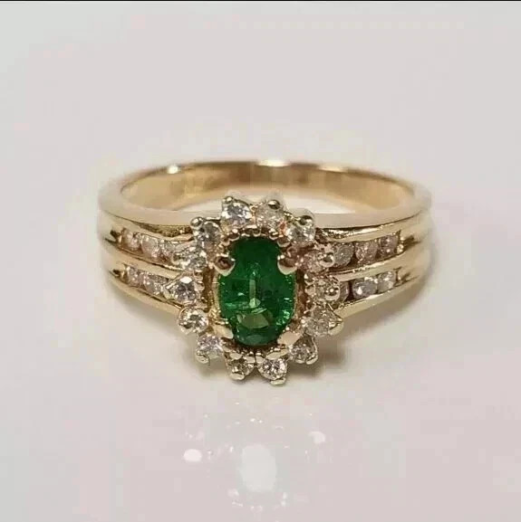 2.50 Ct Oval Cut Natural Emerald & Diamond Wedding Ring 14K Yellow Gold