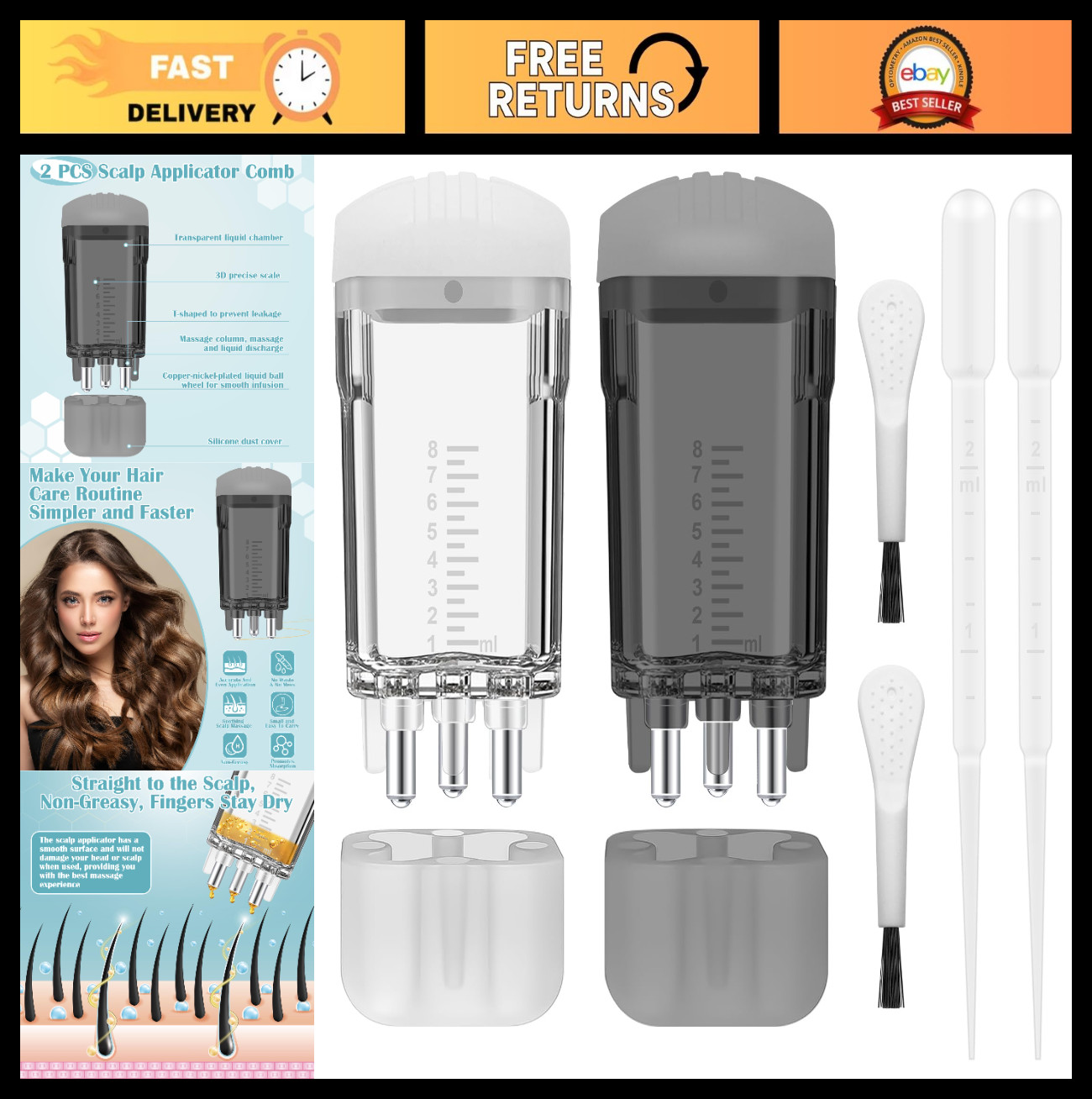 2 PCS Minoxidil Applicators with Cleaning Brush & Dropper - Hair Growth Comb Set