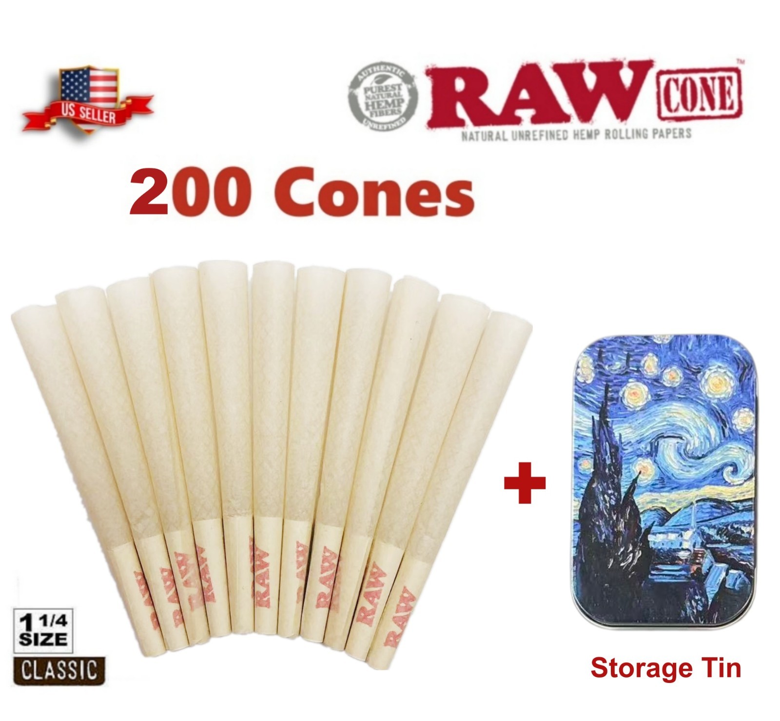 Authentic RAW Organic 1 1/4 Size Pre-Rolled Cones 200 Pack 🌟 Storage Tin