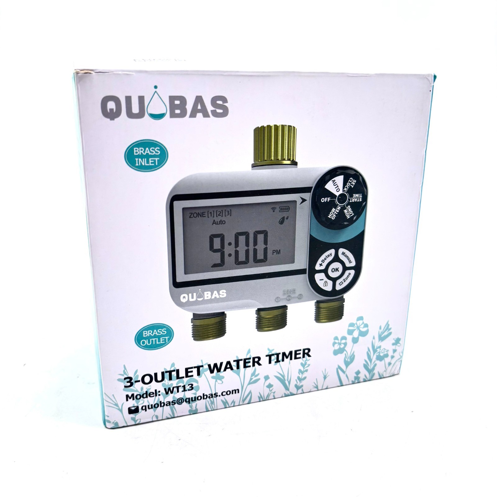 Quobas WT13 3-Outlet Water Timer W/ Digital Display & Brass Inlet/Outlet