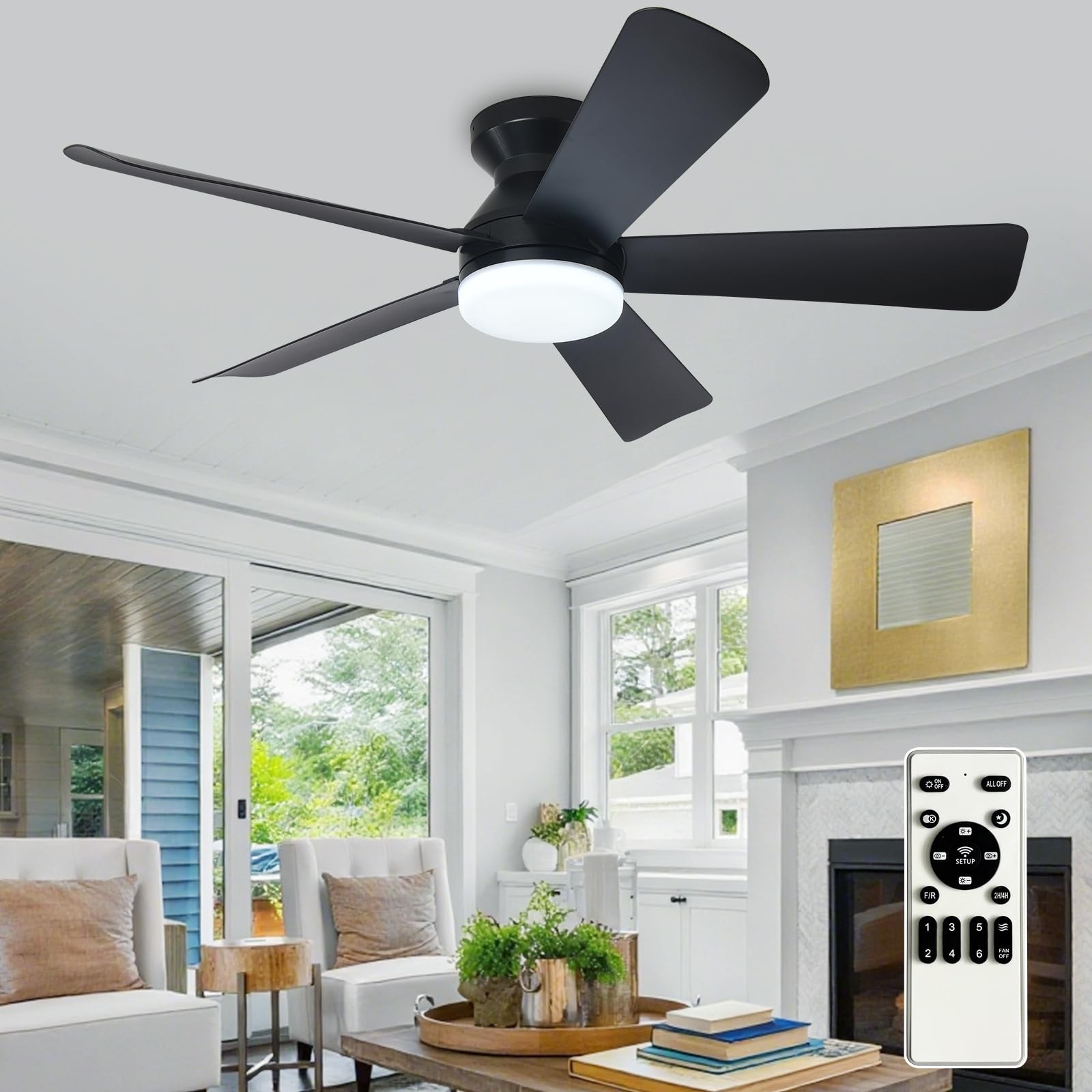 42 Inch Modern Ceiling Fan With Light Dimmable 6 Speed Remote Flush Mount Black