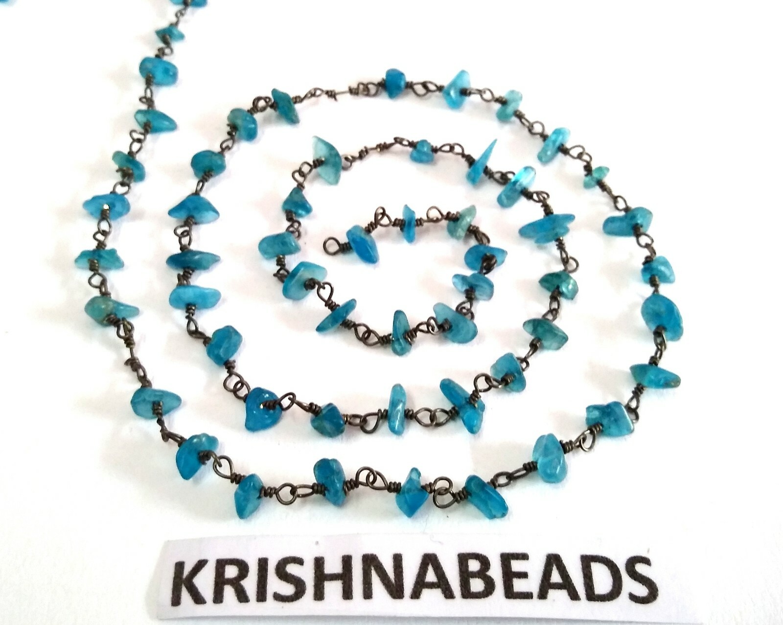 Natural Neon Apatite Chips Rosary Beaded Chain 4-6mm Black Plated Wire 3 Feet
