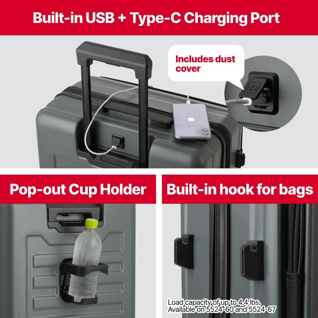 LW 5524 Hardshell Spinner Luggage with USB Port & Cup Holder, Easy Access Design