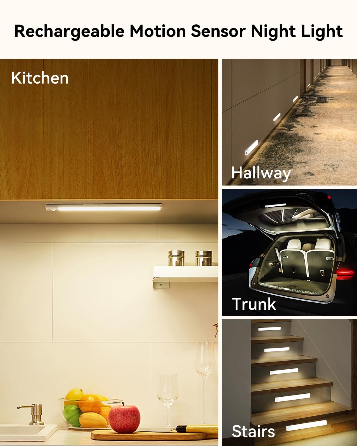 3 Pack Rechargeable Motion Sensor Under Cabinet Lights Wireless LED Set