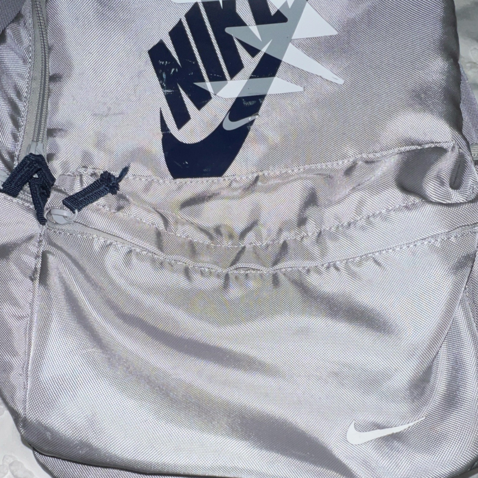 Nike Silver Navy Hiking Backpack Adjustable Straps Logo Synthetic Zipper