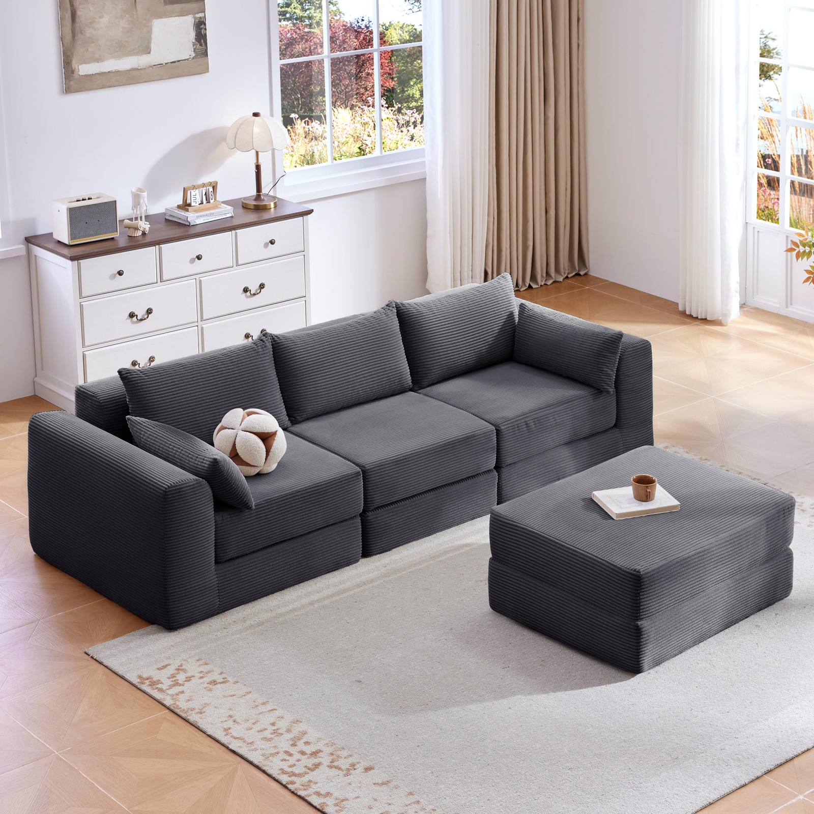 Upholstered Sectional Sofa 100" L-Shaped Corduroy Grey Modular