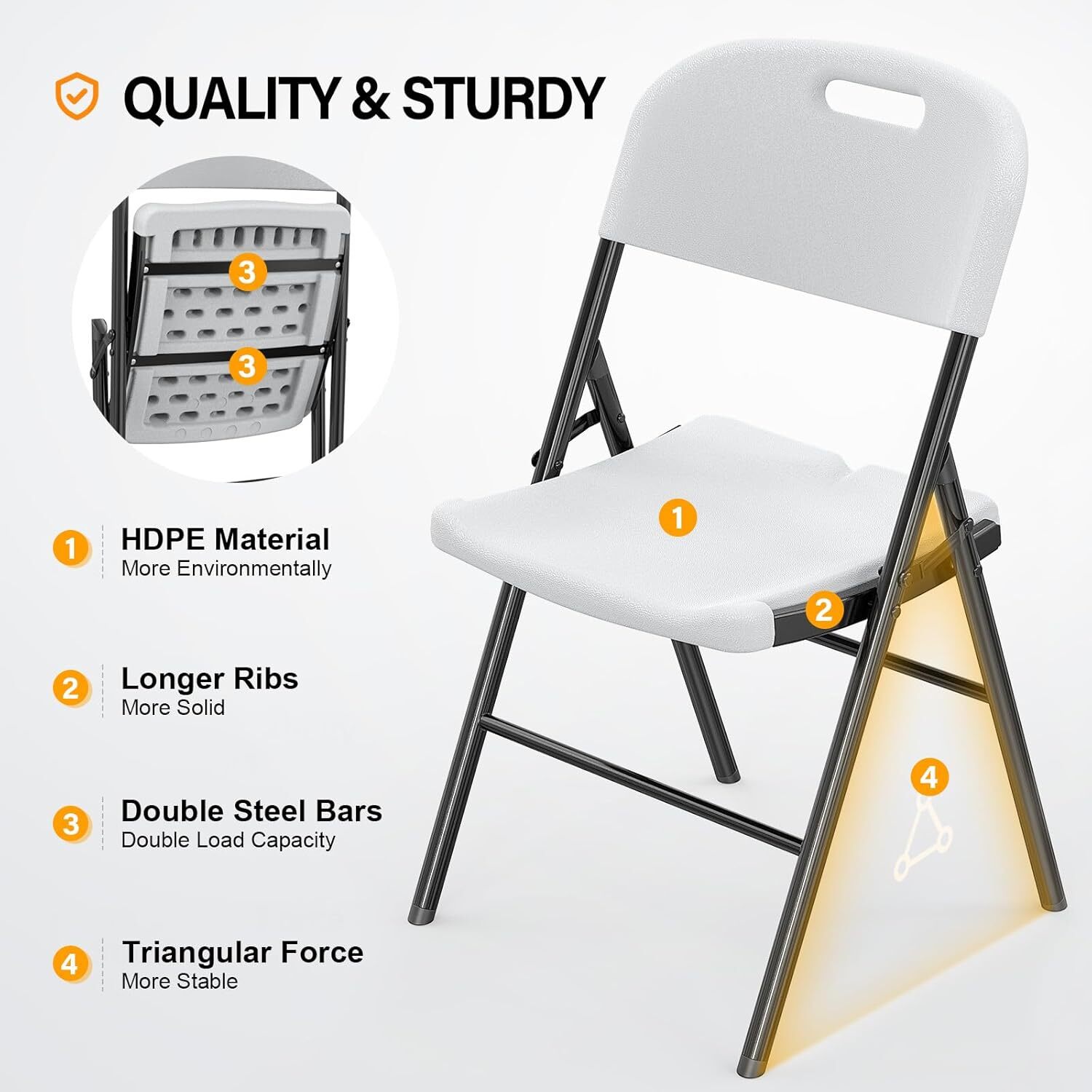 VINGLI Folding Chairs, Heavy Duty Foldable Chair Portable HDPE Plastic Seat