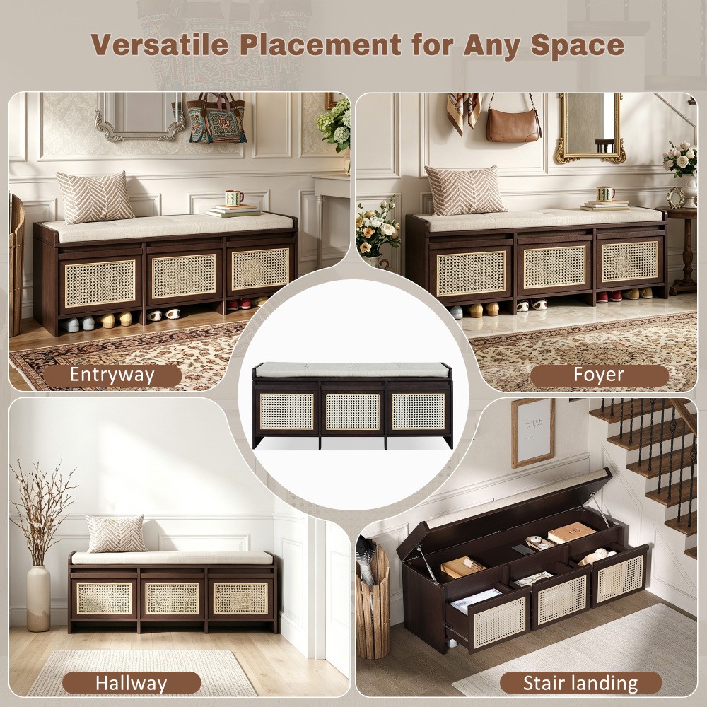 Entryway Shoe Bench, Retro Storage Bench with Rattan Drawers & Removable Button