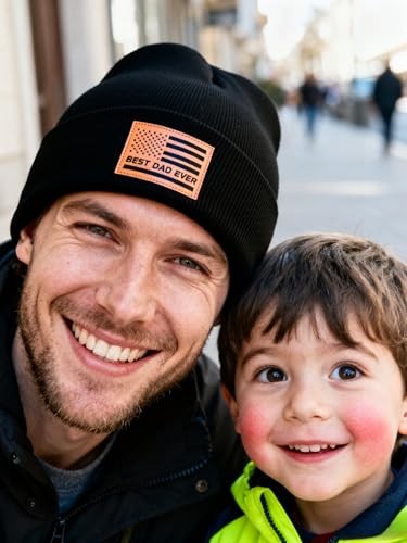 Beanie Hat for Dad, Leather Patch Knit Cuffed Winter Hat for Men Dad Flag -Black