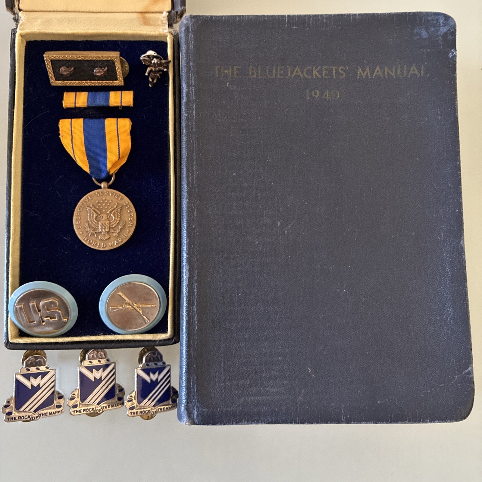 Military Medal Lot - Book,  Service Medal, Ribbon, & Lapel Pin in Original Box