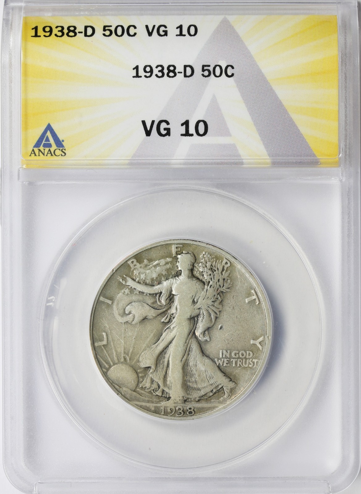 1938-D 50C Walking Liberty Half Dollar Silver ANACS VG10