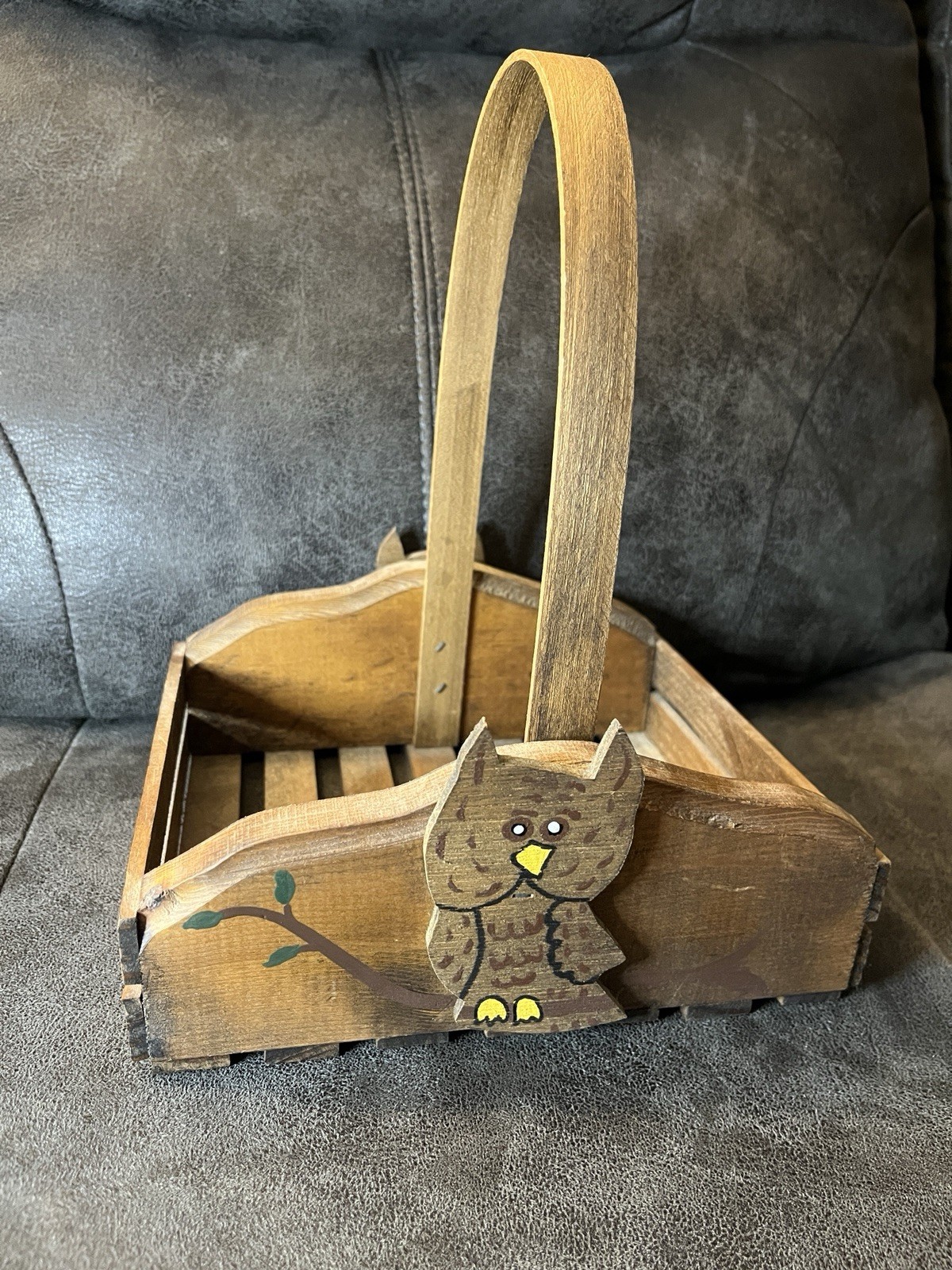 Handcrafted Decorative Wood Basket W/ Handle & Hand Painted Owls Farmhouse