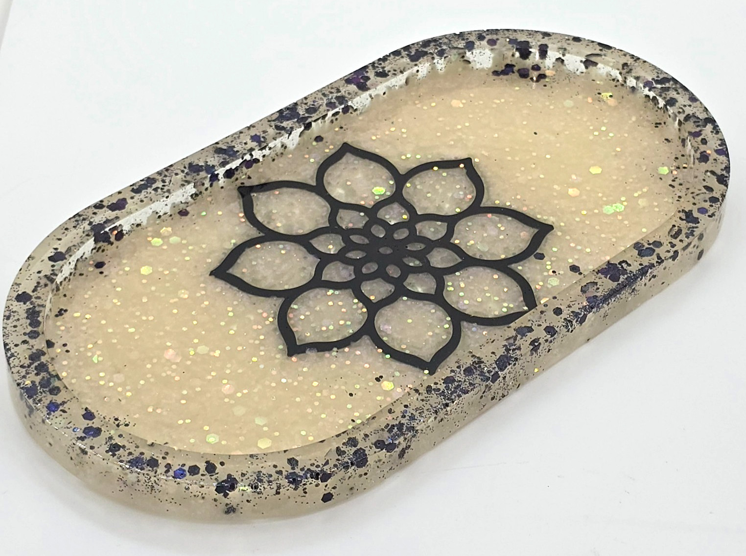 Handmade Resin Oval Trinket Tray Champagne Glitter Black Mandala Jewelry Dish