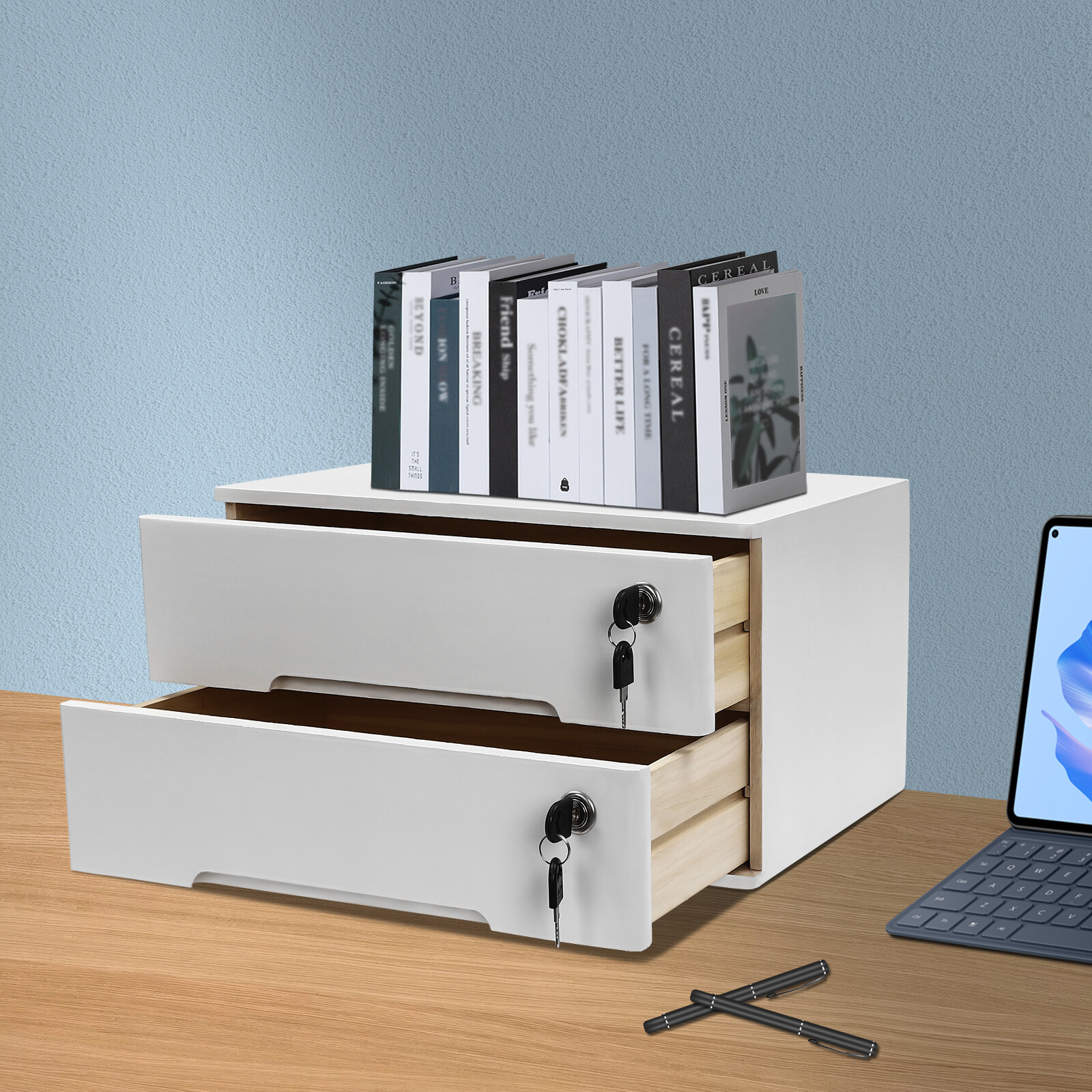 Compact Lockable 2-Drawer Wooden Desktop Storage Cabinet with Keys