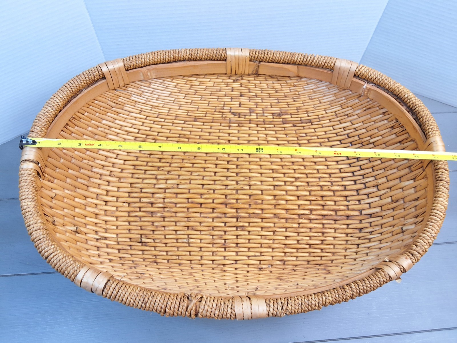 Vtg Oval Wicker Storage Basket Rattan Decor Woven Dark Stain Flat Sided 21.5"