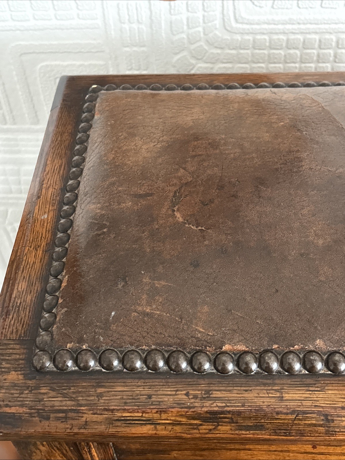 Lovely Antique Oak Storage Footstool With Leather Top