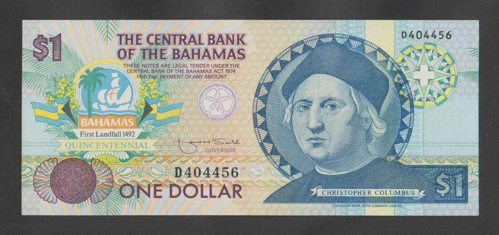 🔴BAHAMAS  1 Dollar 1992  UNC  P50a  Christopher Columbus commemorative issue🔴