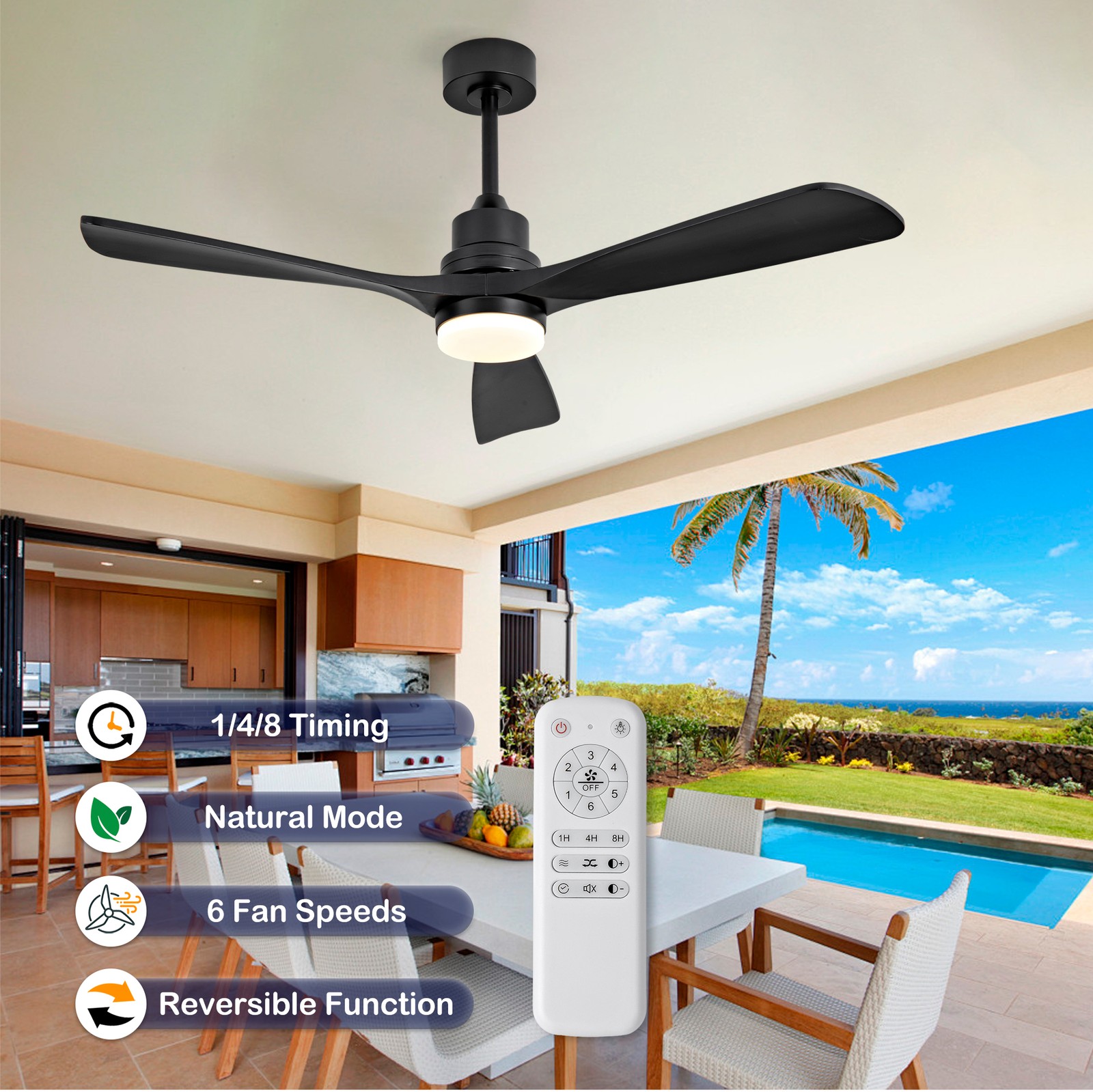 52" Modern Black Ceiling Fan With Light 3 Solid Wood Blades Remote Control