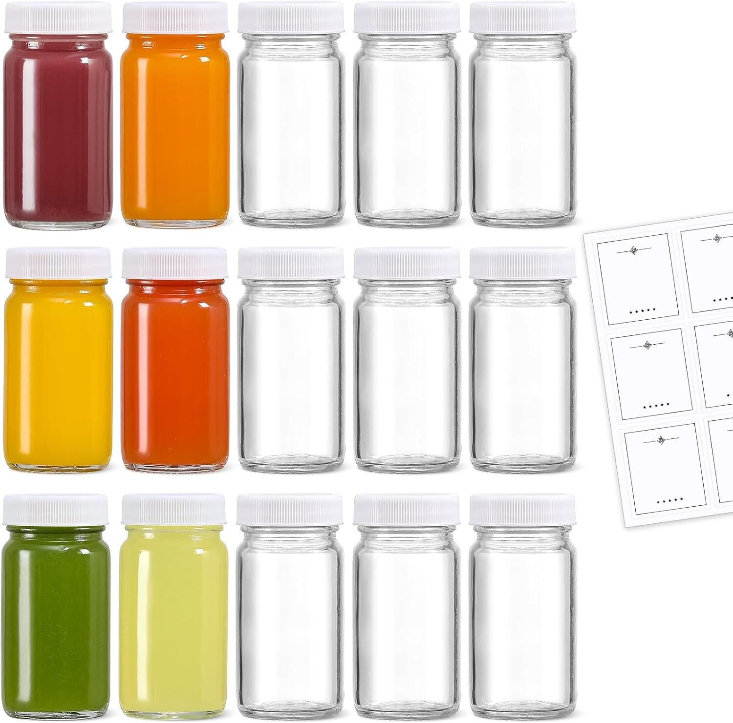 15-Pack 2 Oz Glass Shot Bottles with Lids and Labels - Leakproof Travel Jars