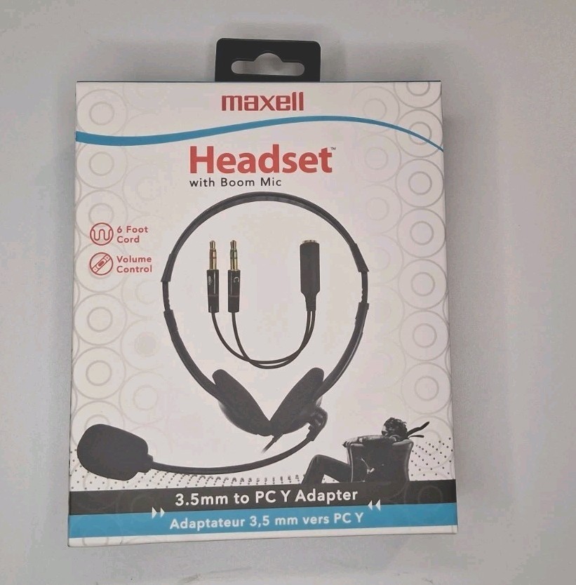 New Maxell Headset with Boom Mic 6ft Cord 3.5mm w/ PC Y Adapter for Laptop...