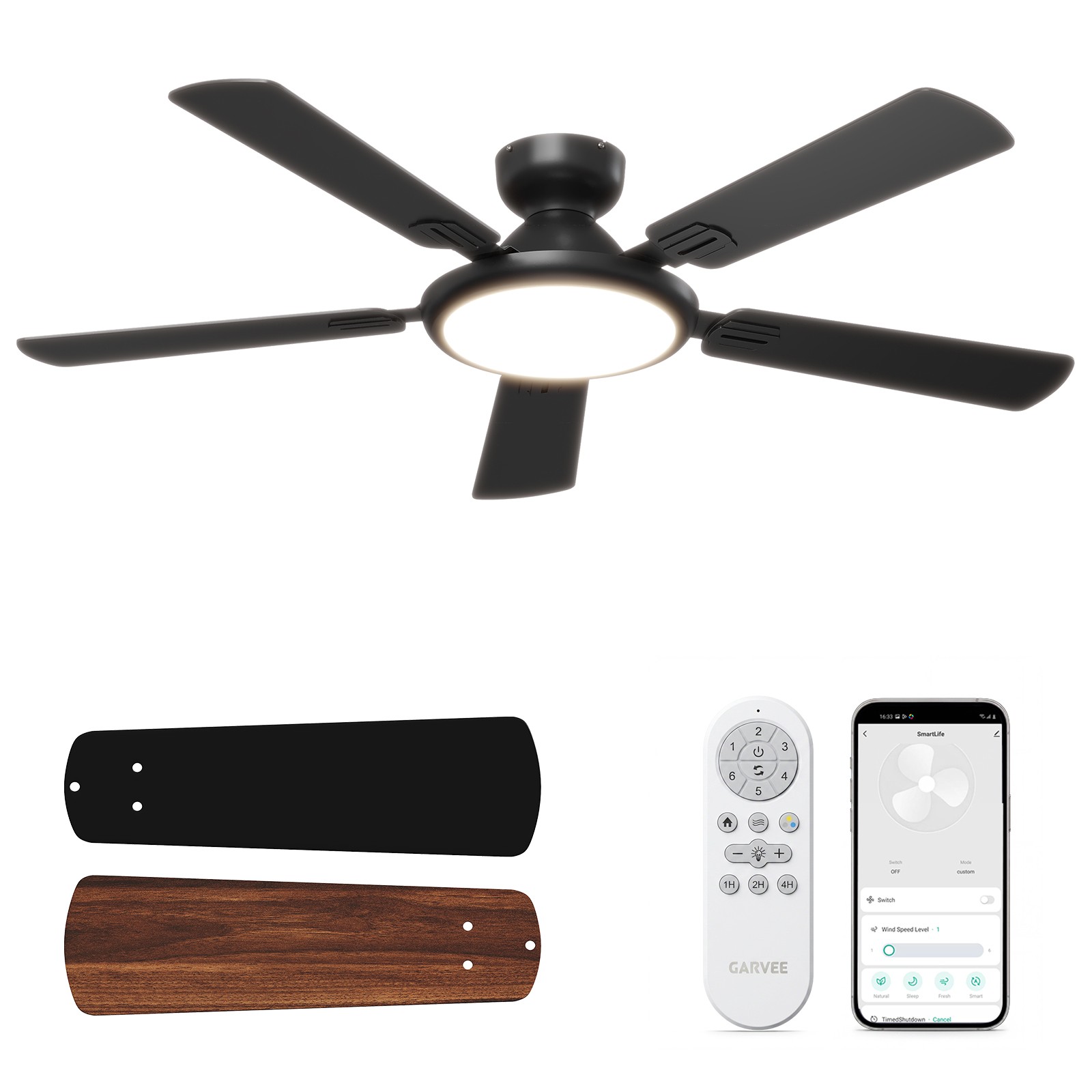 52 Inch Smart Ceiling Fan Alexa WiFi Remote Dimmable LED Low Profile Black DC