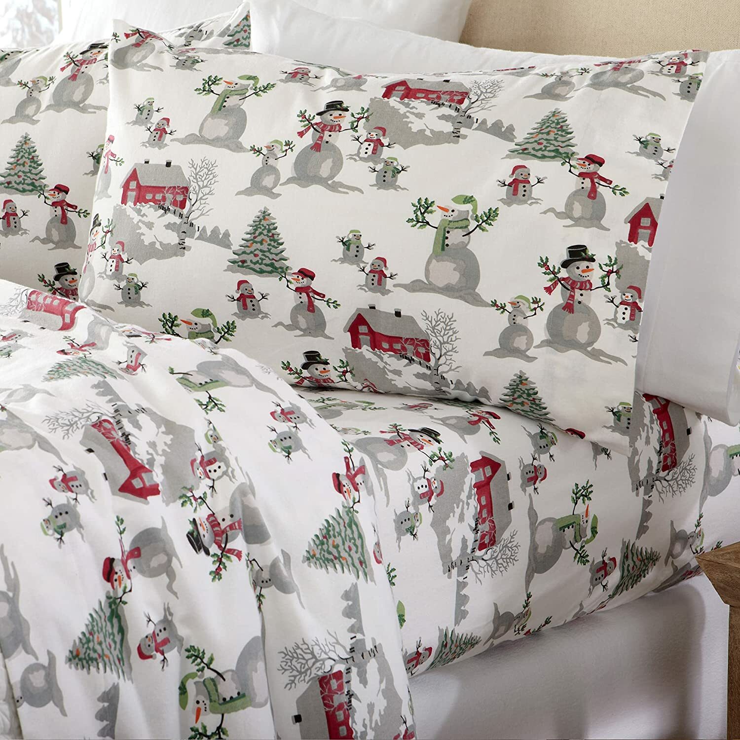 Red Gray Snowman Winter 4 pc Cotton Flannel Sheet Set Twin Full Queen King Bed
