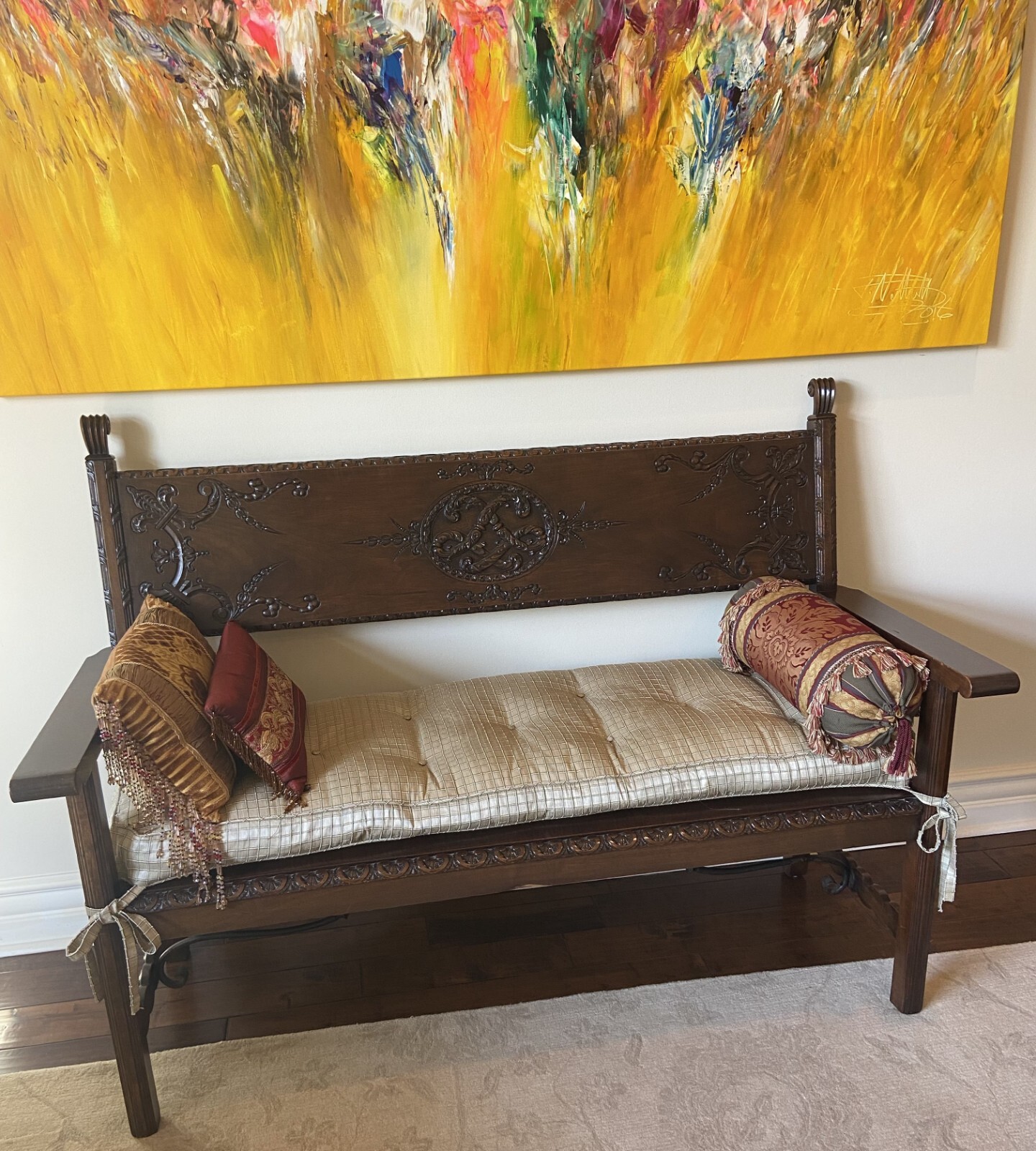 Antique Castilian Style Spanish Wood Bench with Custom Thai Silk Pillow