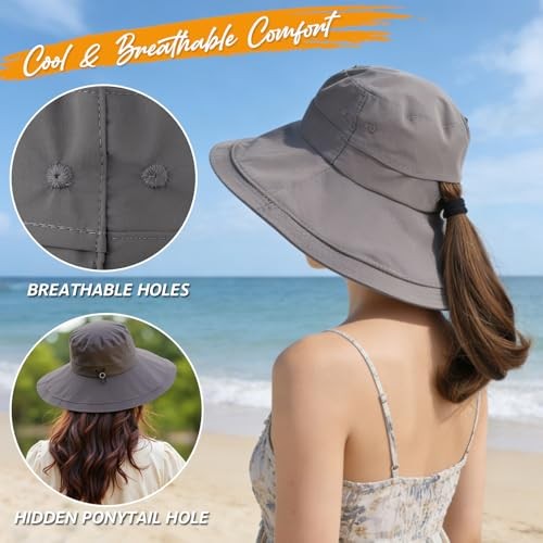 UPF 50+ Women's Sun Hat, Waterproof Wide Brim Bucket Hat, Ponytail Dark Grey