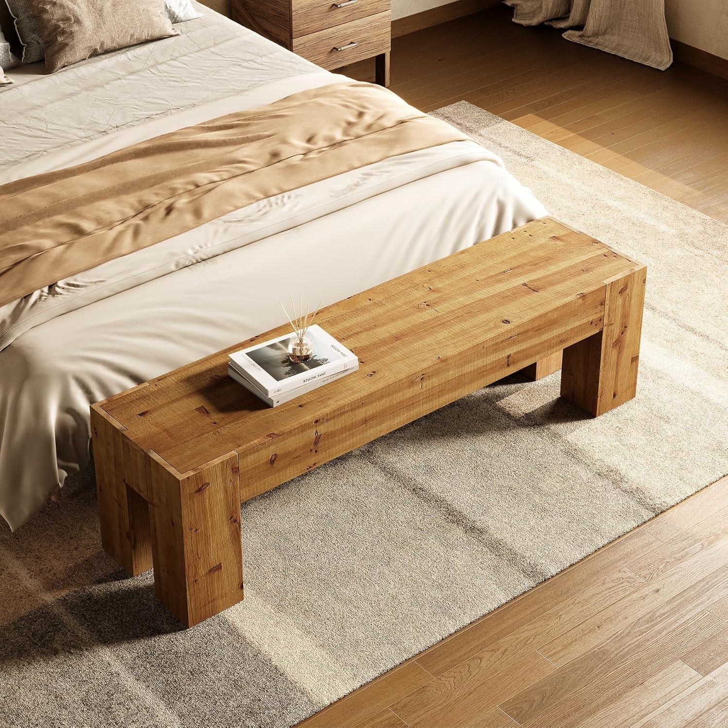 63-Inch Solid Wood Bench, Rustic Extra Long Entryway Bench with Heavy Duty Legs