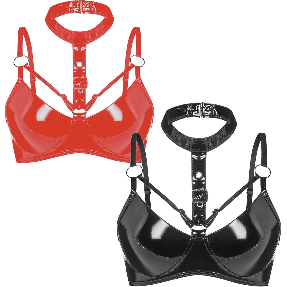 Womens Sexy Adjustable Lingerie PVC Leather Bras Tops Latex Halter Neck Bralette