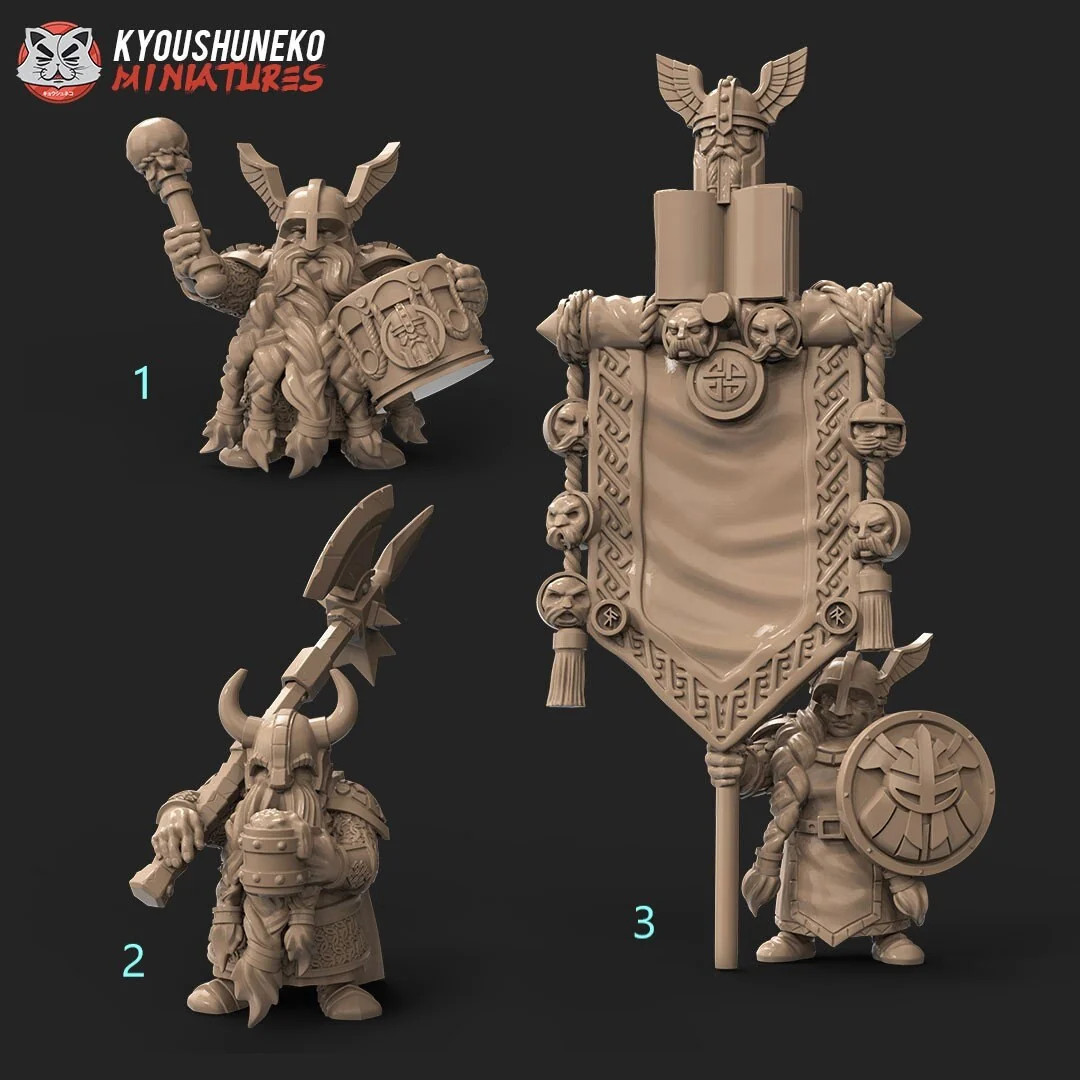 Dwarf Command Group (Set of 3) - 28-32mm Dwarves - Resin Tabletop Miniatures