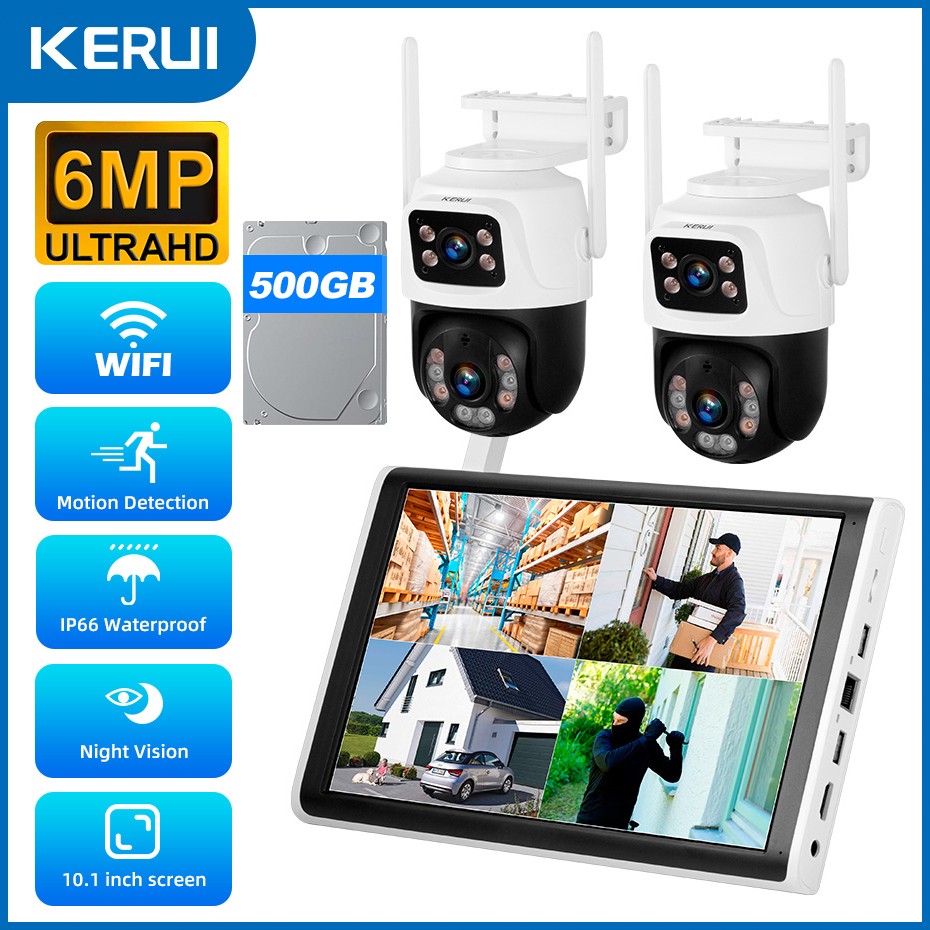 6MP Wireless Surveillance Cameras 8CH 10.1" NVR H.265+ Night Vision 500GB HDD