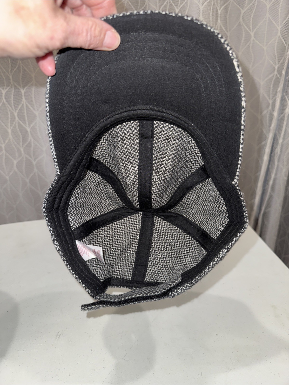 Tweed Black White Look Fabric on 6 panel Hat Cap Hook Loop EUC