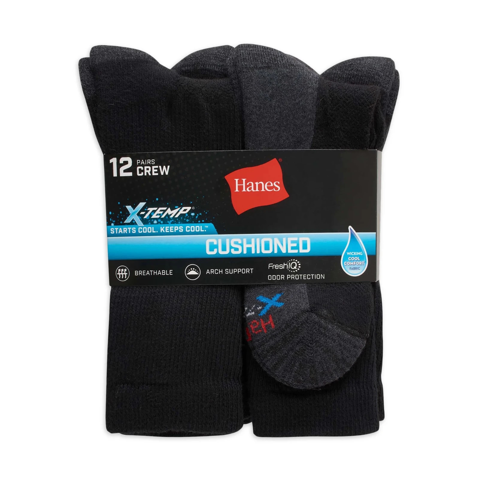 Hanes Men's X-Temp Cushioned with Arch & Vent Crew Socks, 12 Pack, Black, 6 - 12