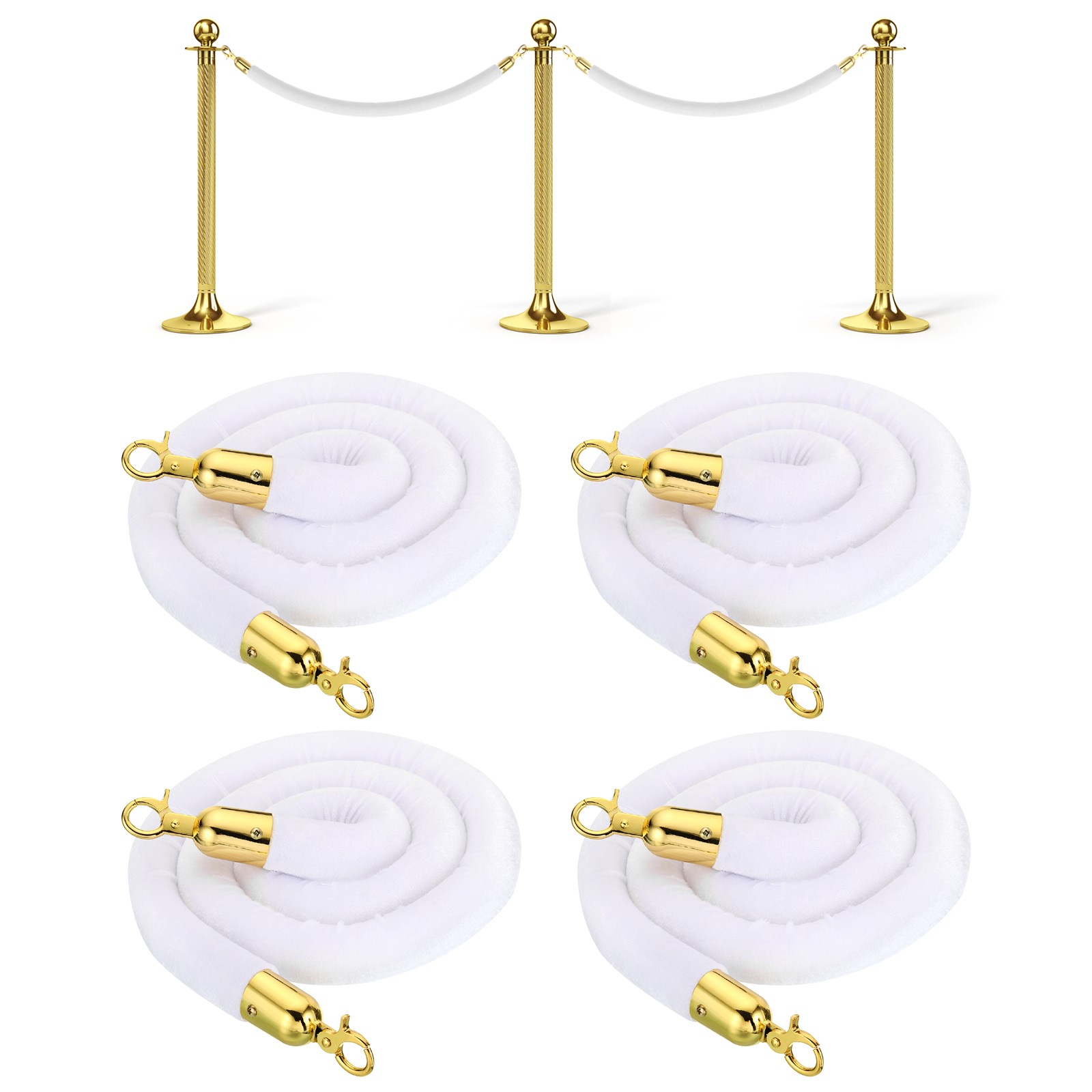5Ft White Velvet Stanchion Rope Golden Crowd Control Barrier Rope , 4Pcs