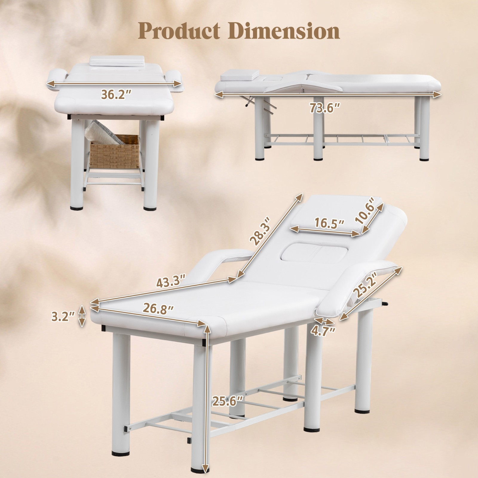 Professional Massage Bed Adjustable Height & Backrest Spa Facial Bed, White
