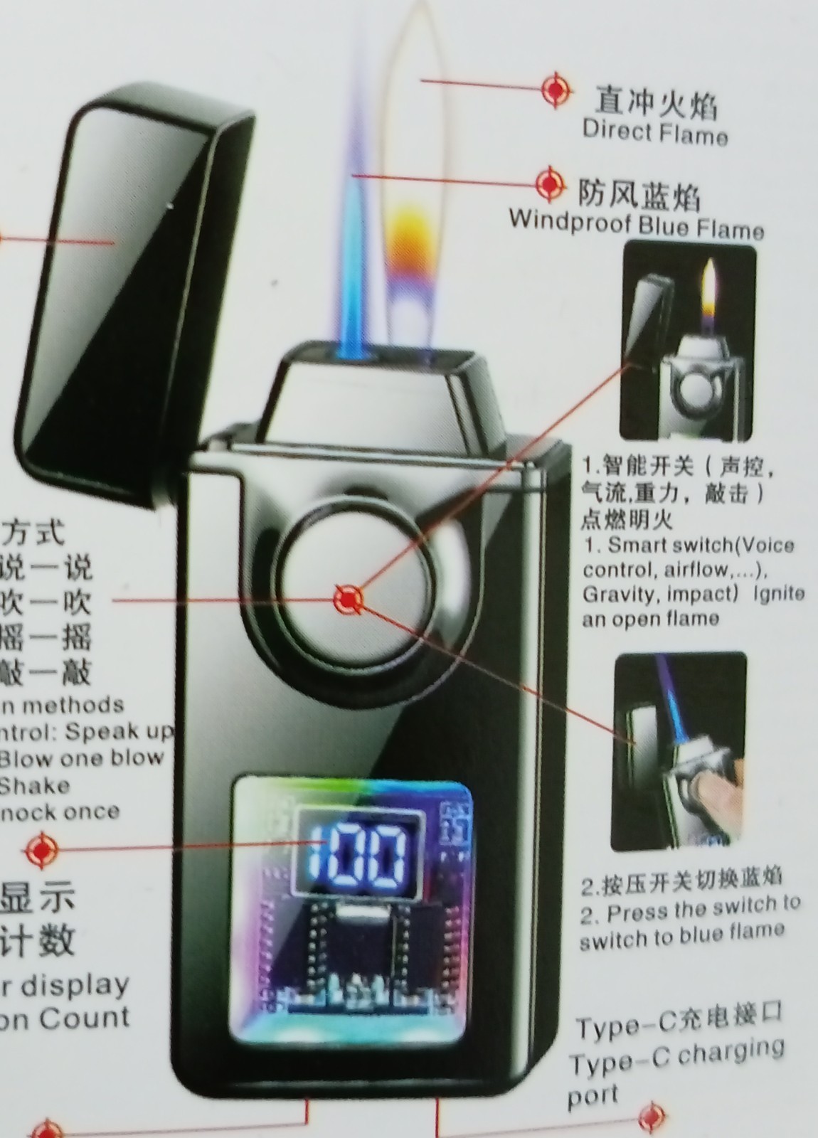 Voice-Controlled ,and Touch Gas Lighter USB Rechargeable double Flame LEDdisplay