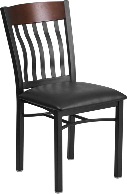 Vertical Back Black Metal and Walnut Wood Restaurant Chair with Black Vinyl Seat
