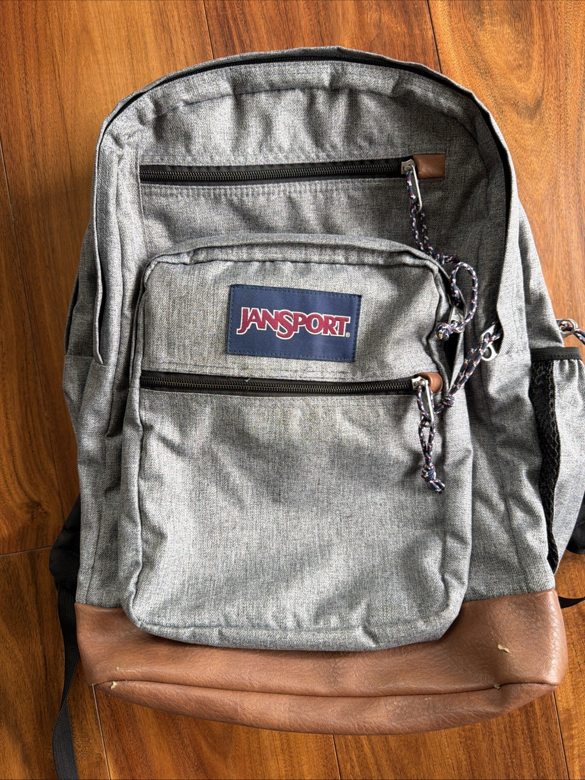 JanSport Cool Student Backpack Heathered Grey Brown Faux Leather Laptop Bag 34L