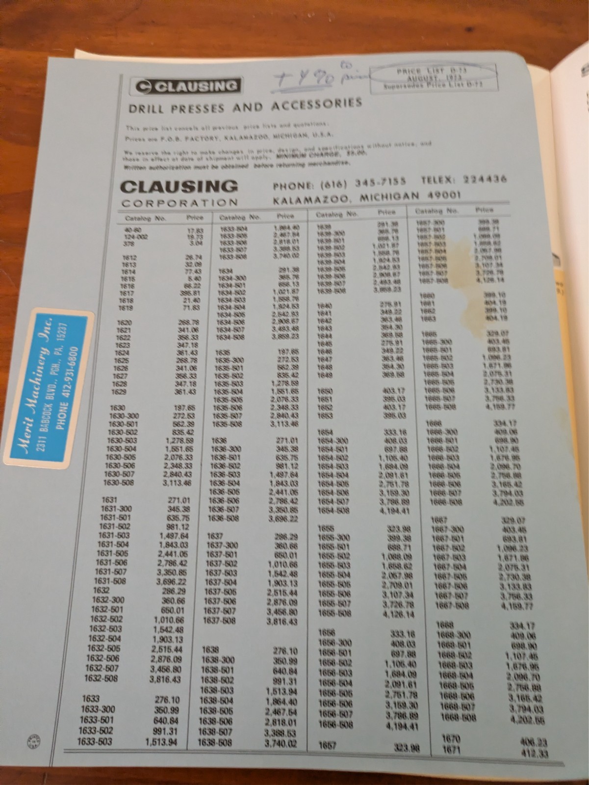 CLAUSING 15" & 20" DRILL PRESS CATALOG 1970'S